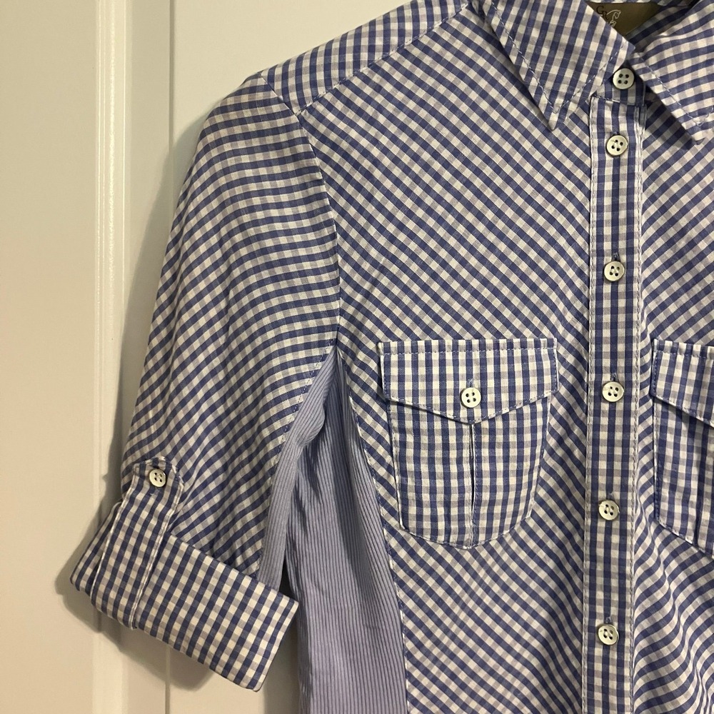 Goode Rider "Go To Shirt" blue gingham button down 3/4 sleeve Sz XS equestrian - Picture 4 of 9